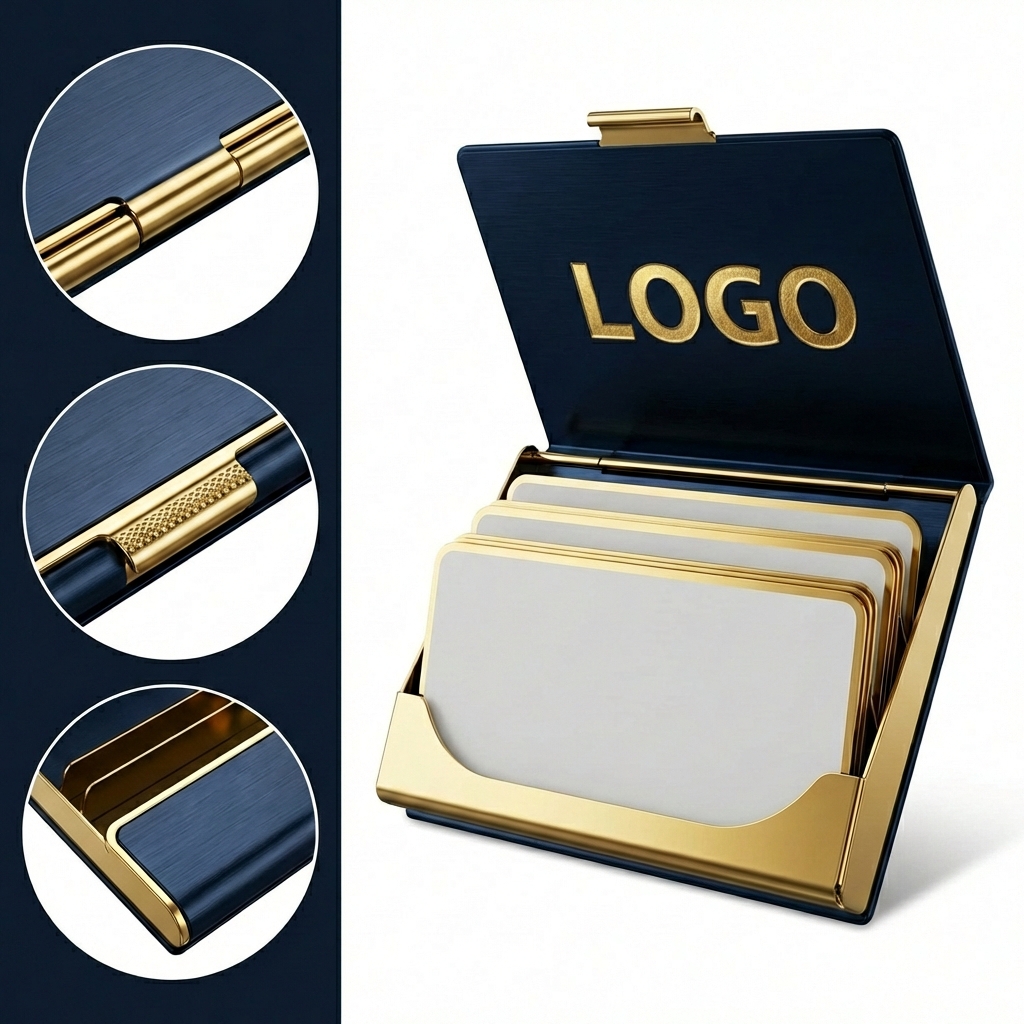Artisan Fusion Business Card Box in Brushed Blue & Gold Metal